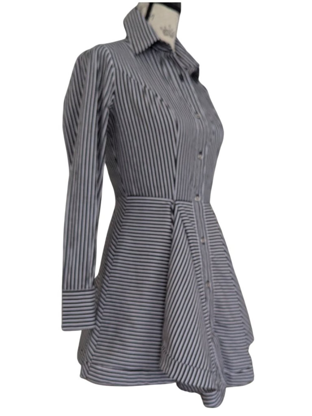 bebe Pinstripe Fit & Flare Shirt Mini Dress Black White Cotton Size 4 - Picture 3 of 12